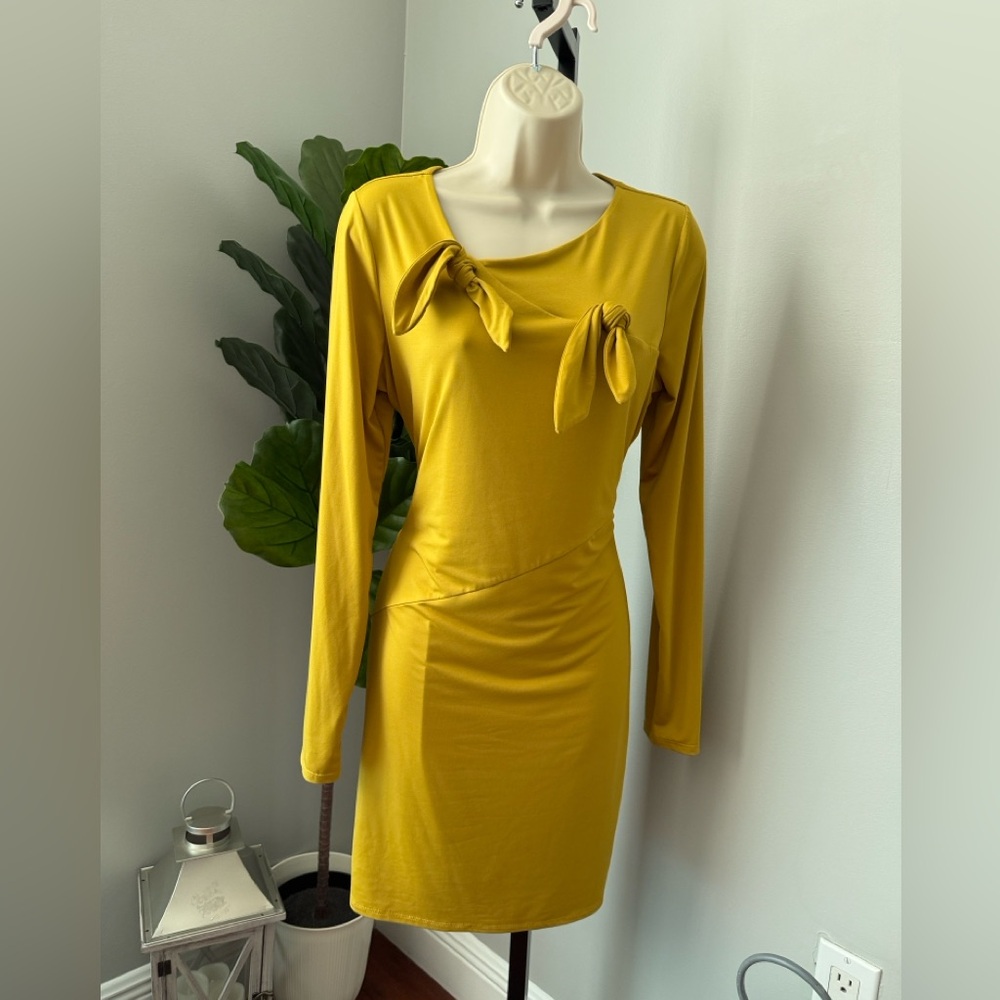 Guess Mustard Long Sleeve Dress with Bow Accents